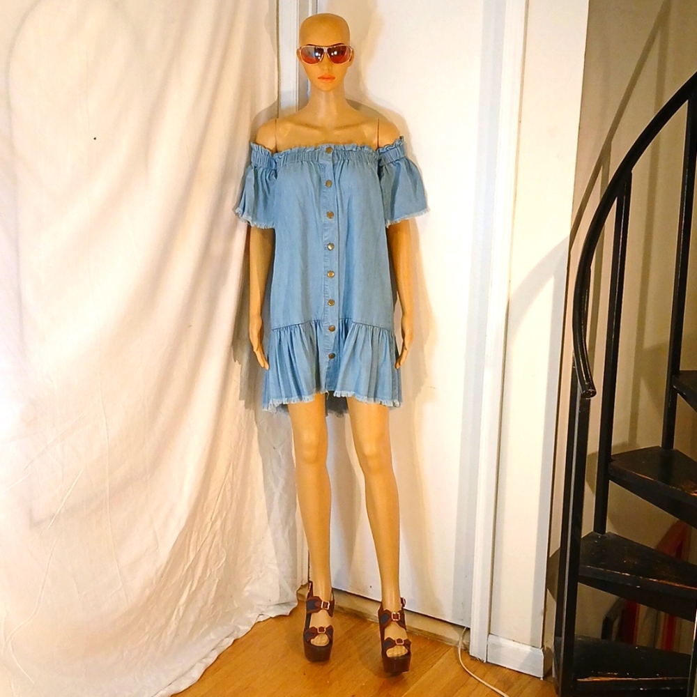 Like New On The Road Light Jean Chambray Off The Shoulder Mini Dress